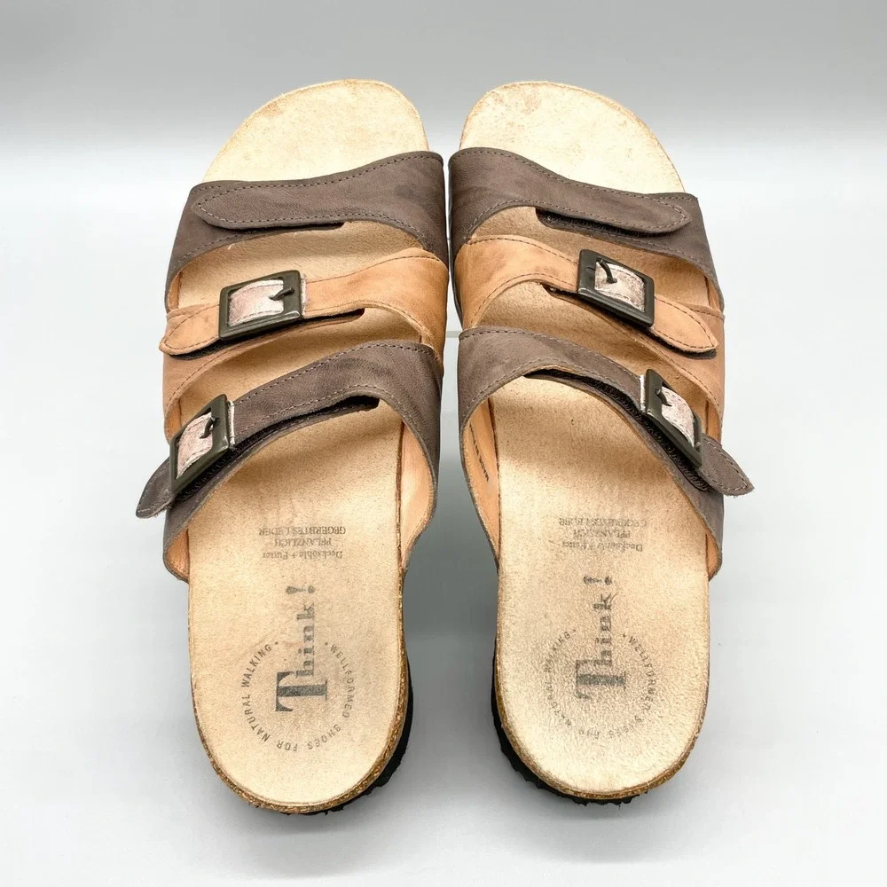 Think! Womens 40 Mizzi Multi Strap Brown Leather Cork Wedge Slide Sandals Buckle